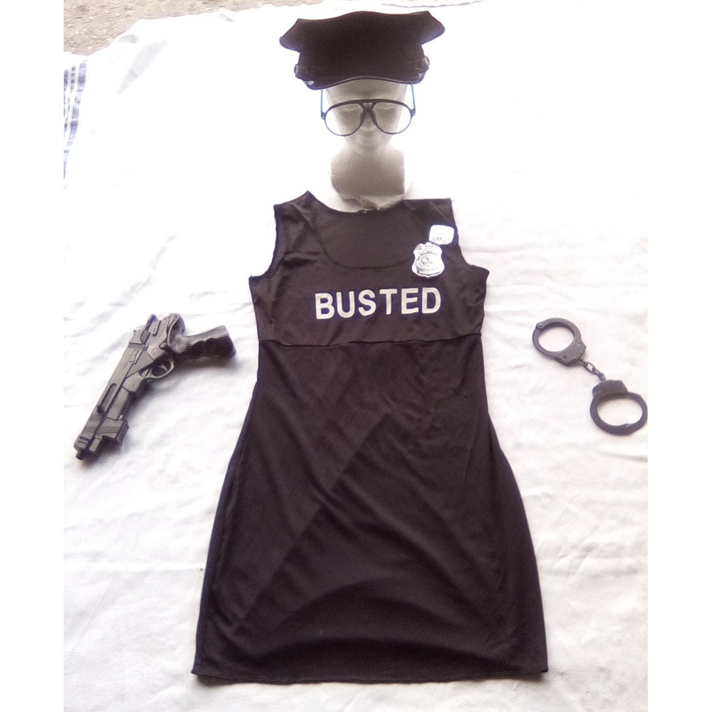 Police Officer Busted Costume Set Black Dress Pants Hat Glasses Handcuffs Prop